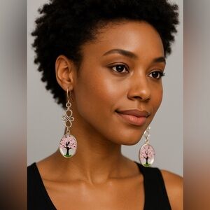 Tree of Life Dangle Earrings with Cherry Blossom Art Handmade Spring NWT